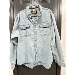 Vtg Harley Davidson Denim Shirt Men's XL Button Down Blue Embroidered Spellout